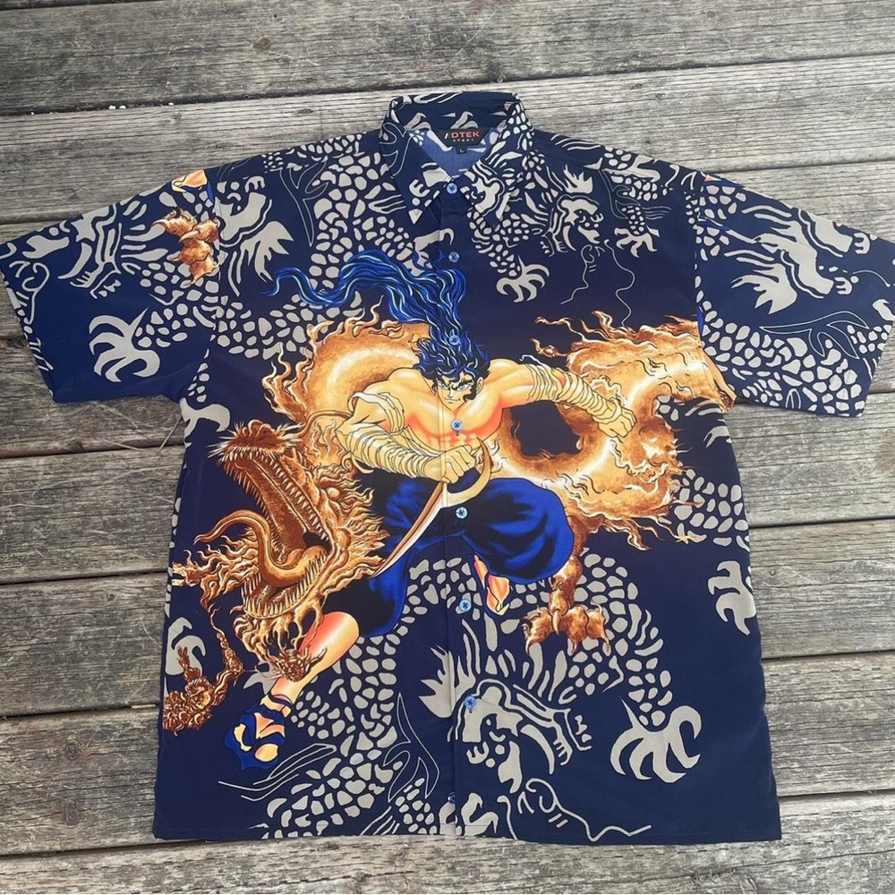 Hawaiian Bowling Anime Blue Warrior Print Shirt